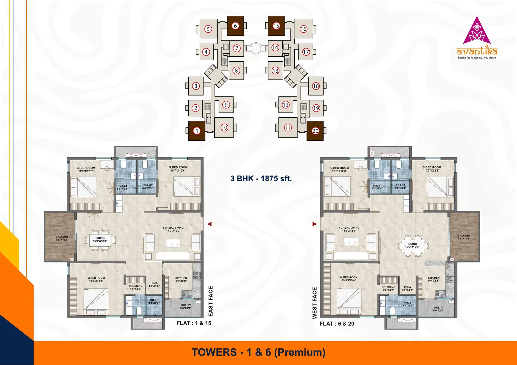 3 BHK floor plan, approximately 1,875 Sft.