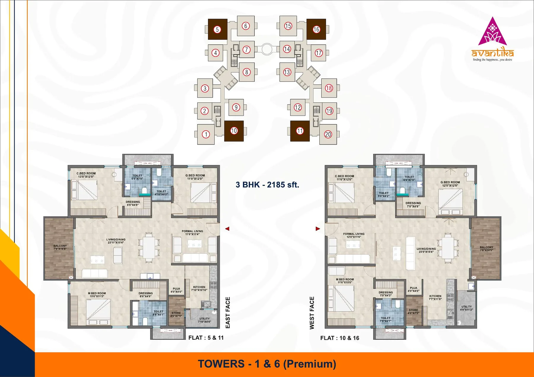3 BHK floor plan, approximately 2,185 Sft.