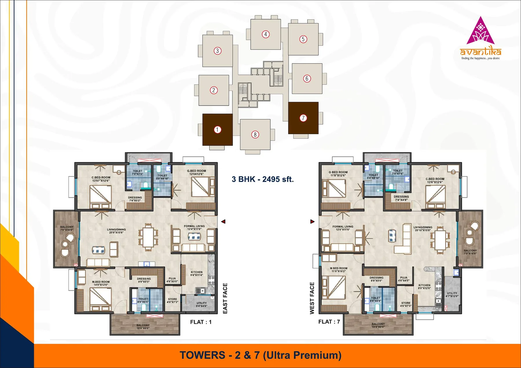 3 BHK floor plan, approximately 2,495 Sft.