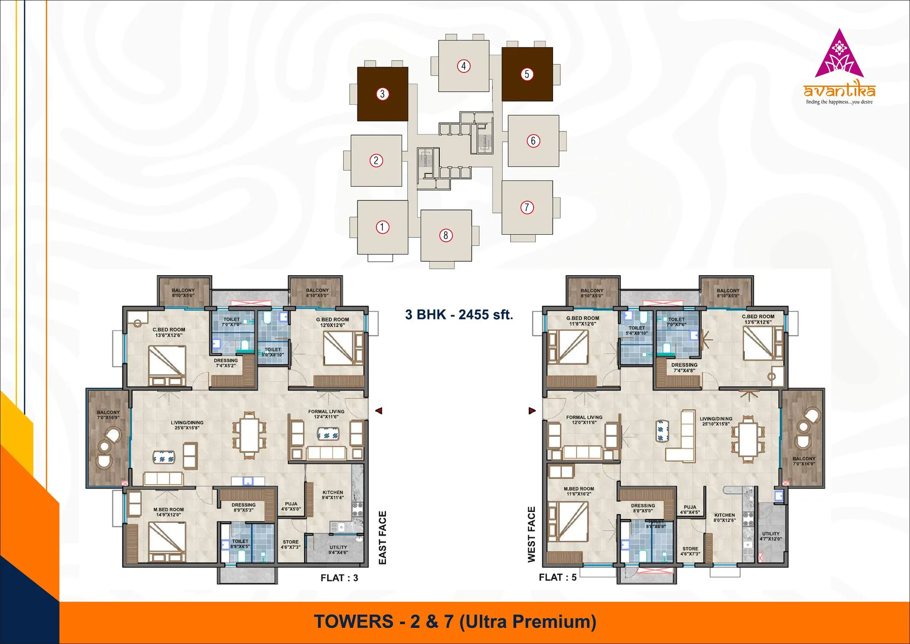 3 BHK floor plan, approximately 2,455 Sft.