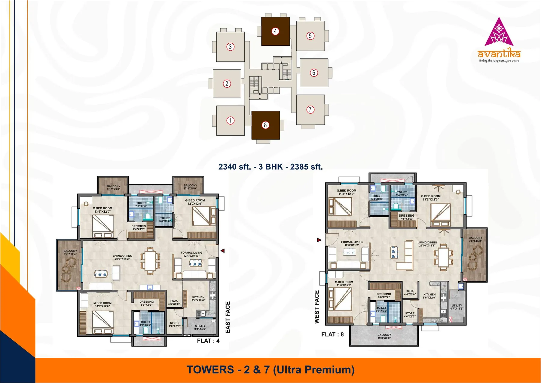 3 BHK floor plan, approximately 2,340 to 2,385 Sft.