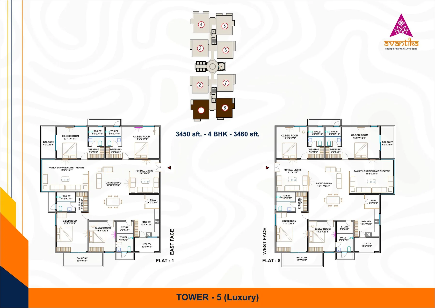 4 BHK floor plan, approximately 3,450 to 3,460 Sft.