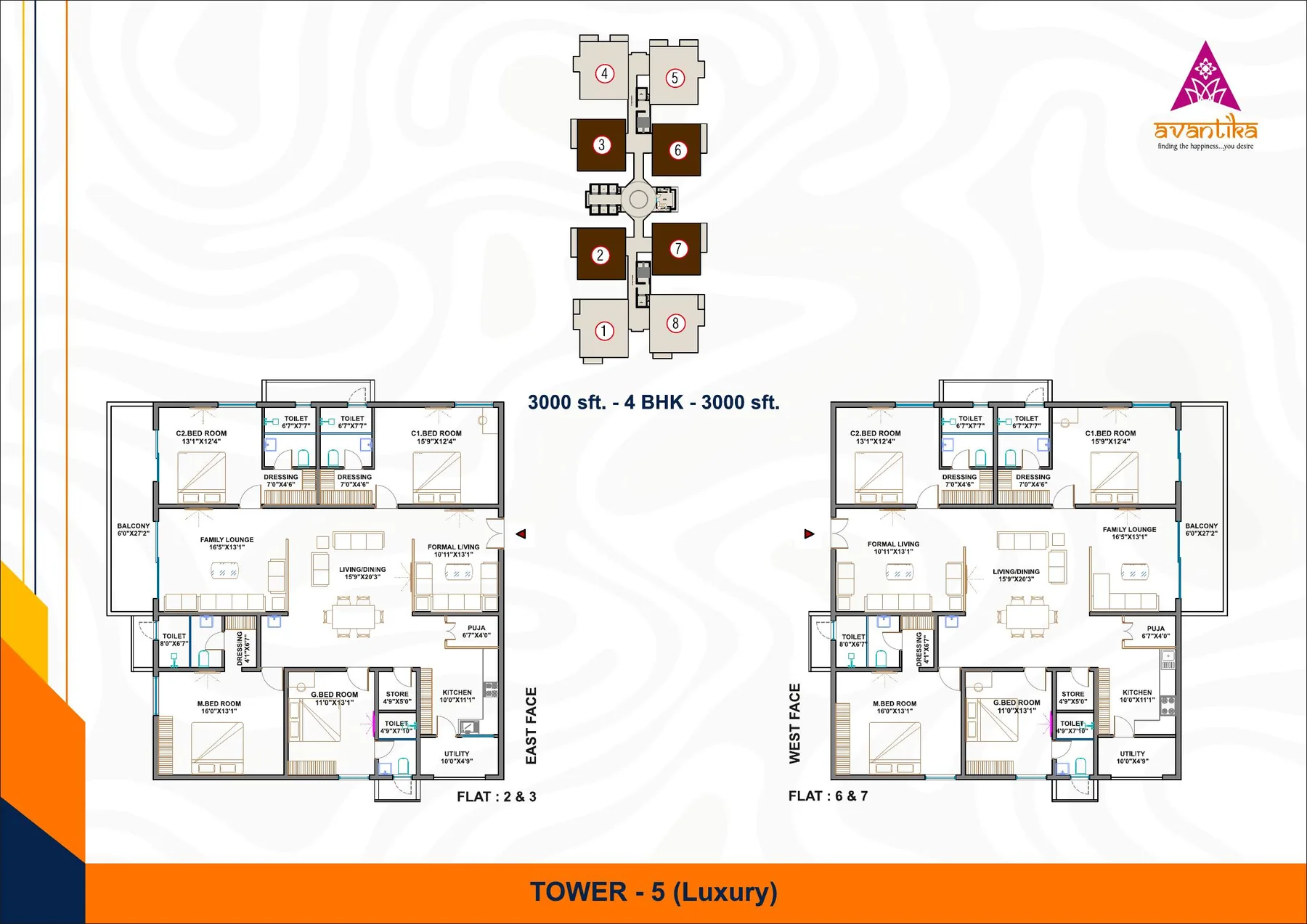 4 BHK floor plan, approximately 3,000 Sft.
