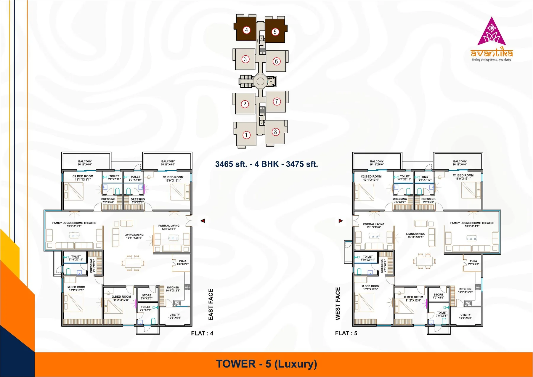 4 BHK floor plan, approximately 3,465 to 3,475 Sft.