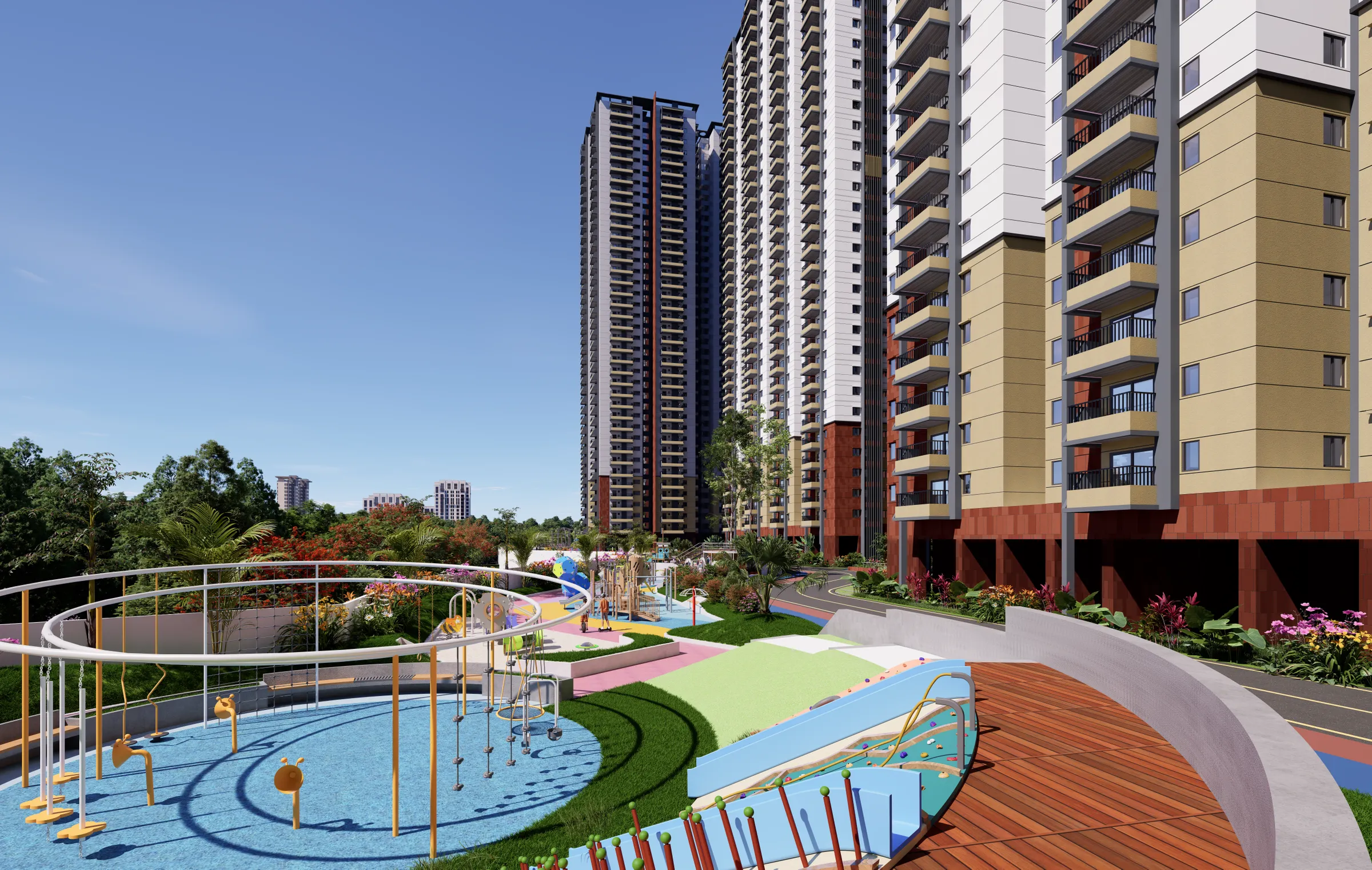 Children’s play area with the towers above