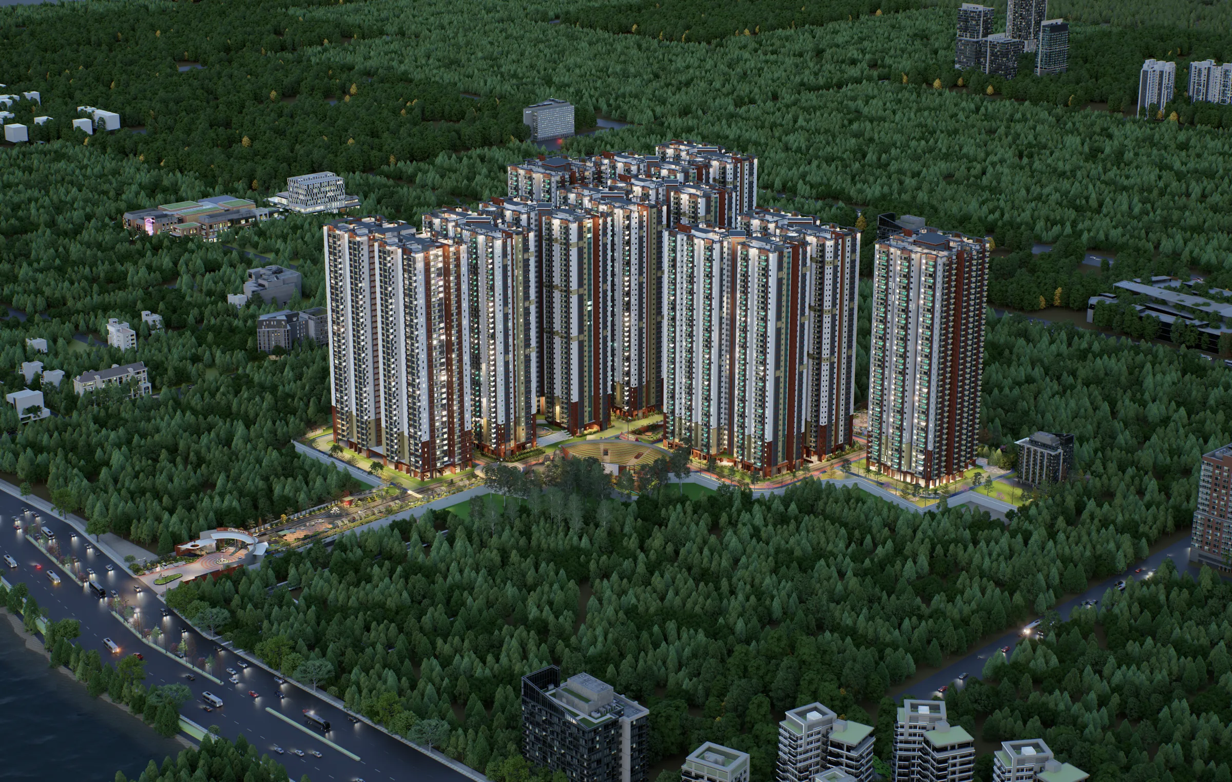Aerial night view of the community