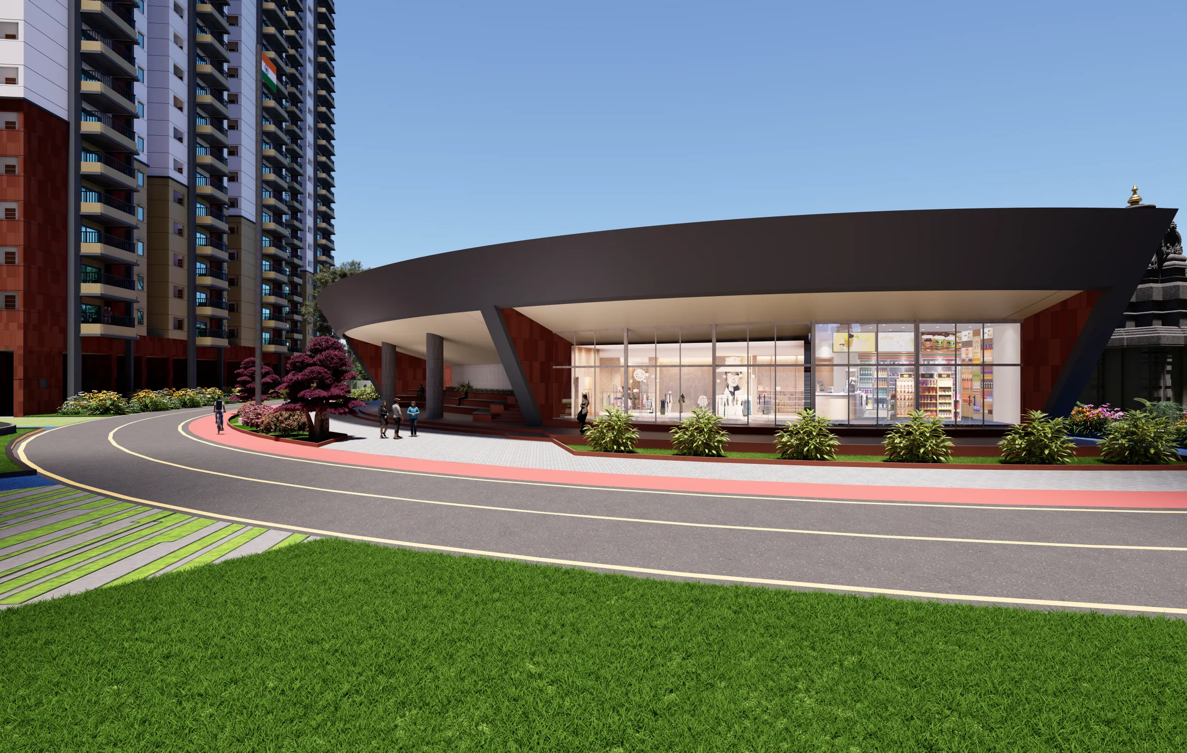 Retail pavilion along the internal road
