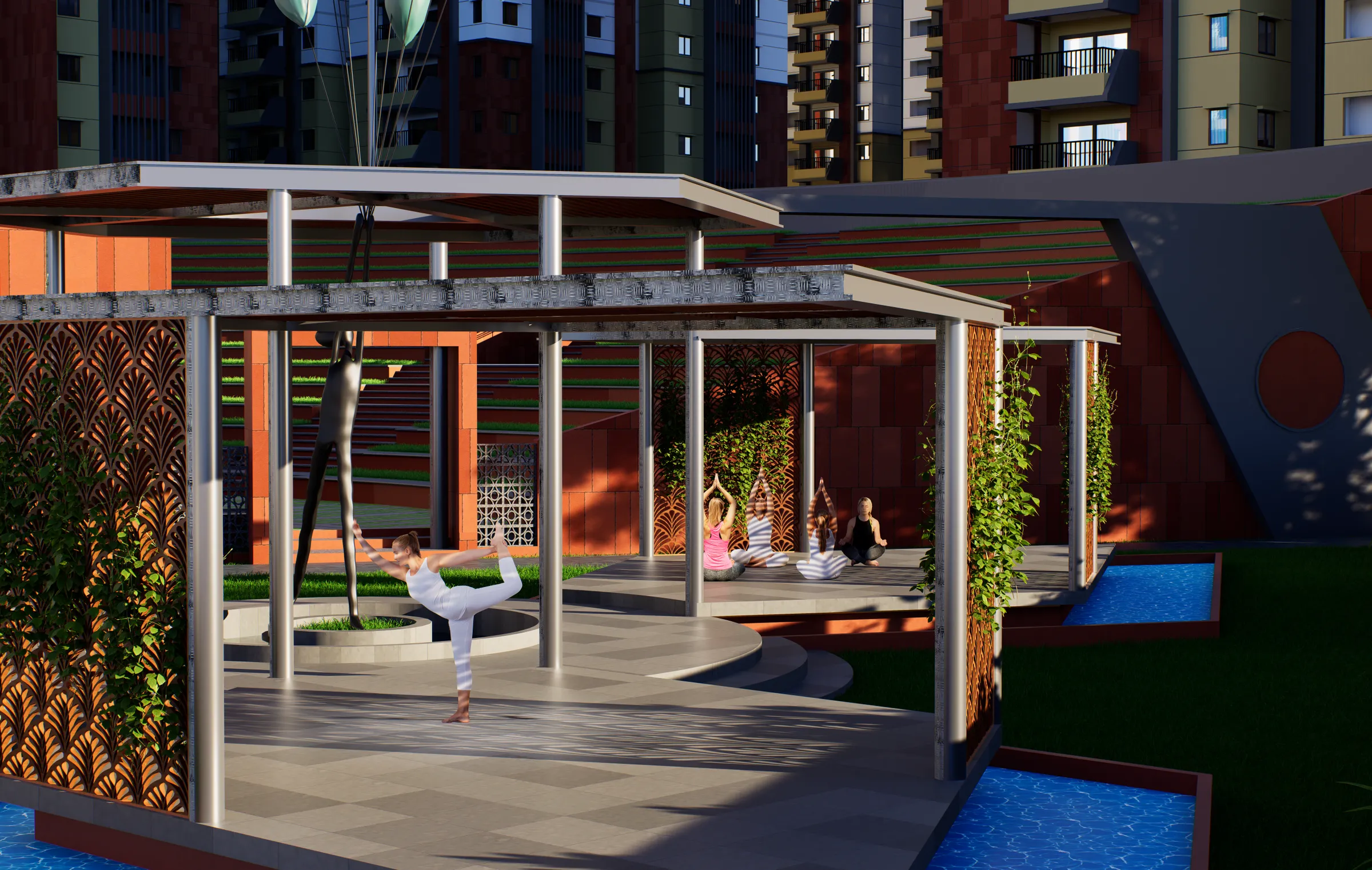 Yoga pavilion in the landscaped court