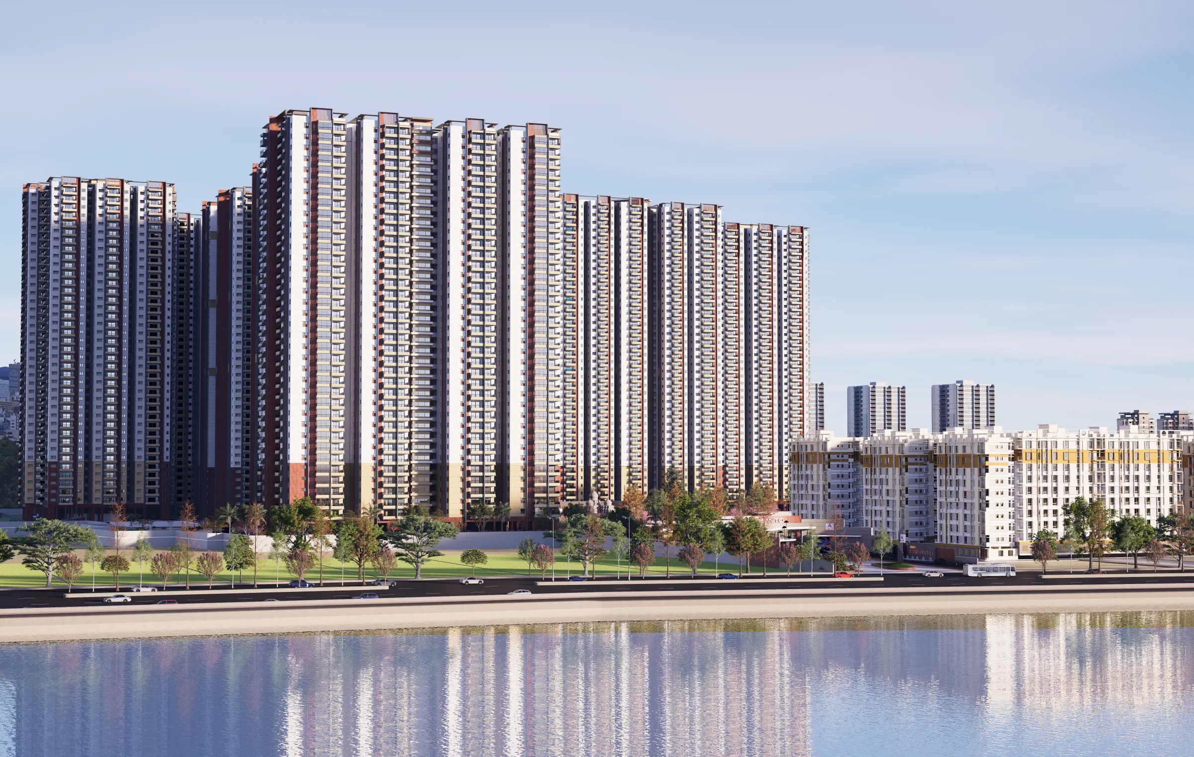Residential towers across the lake