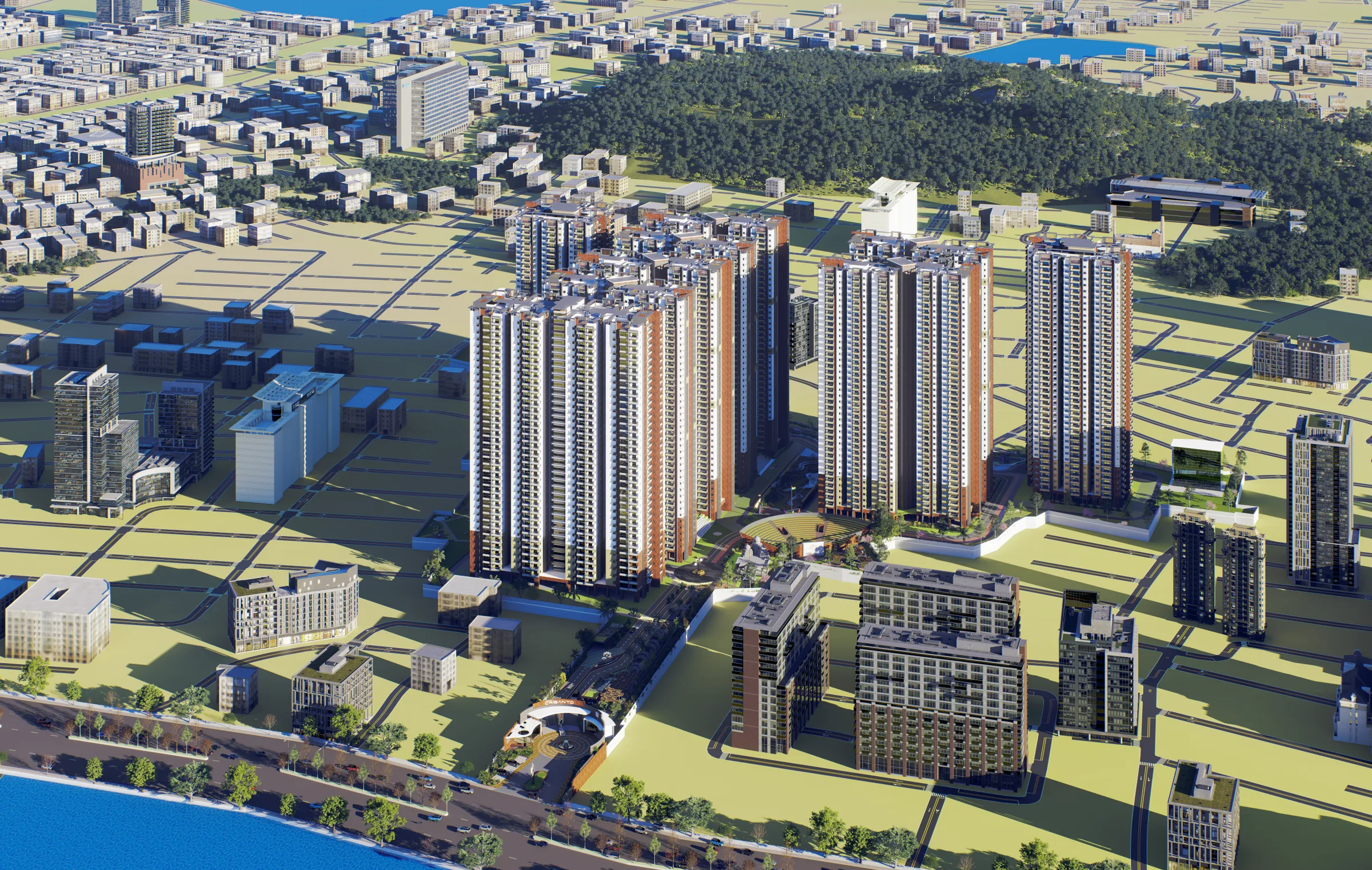 Aerial view of the towers in their setting