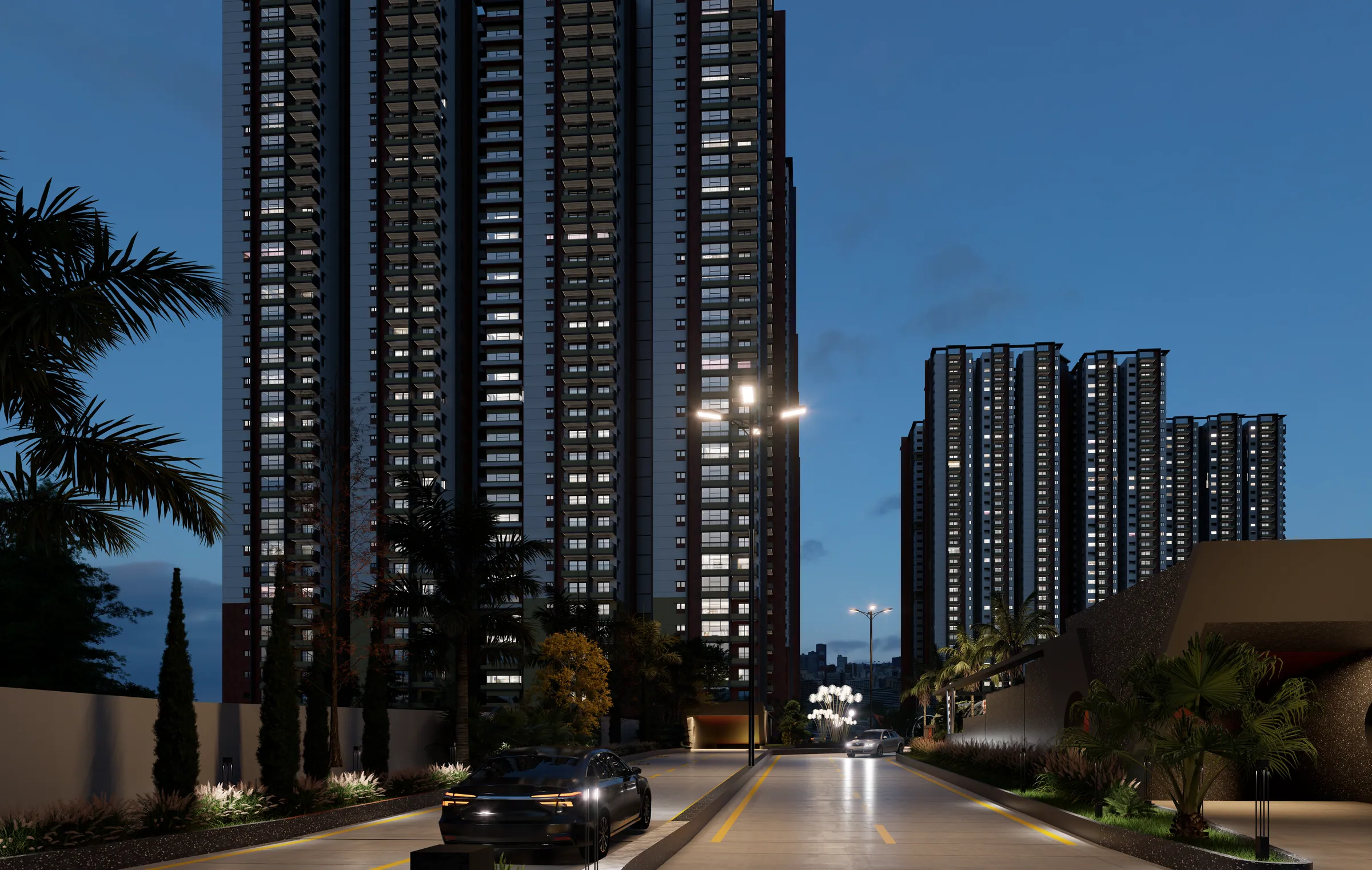 Arrival drive between the towers at night
