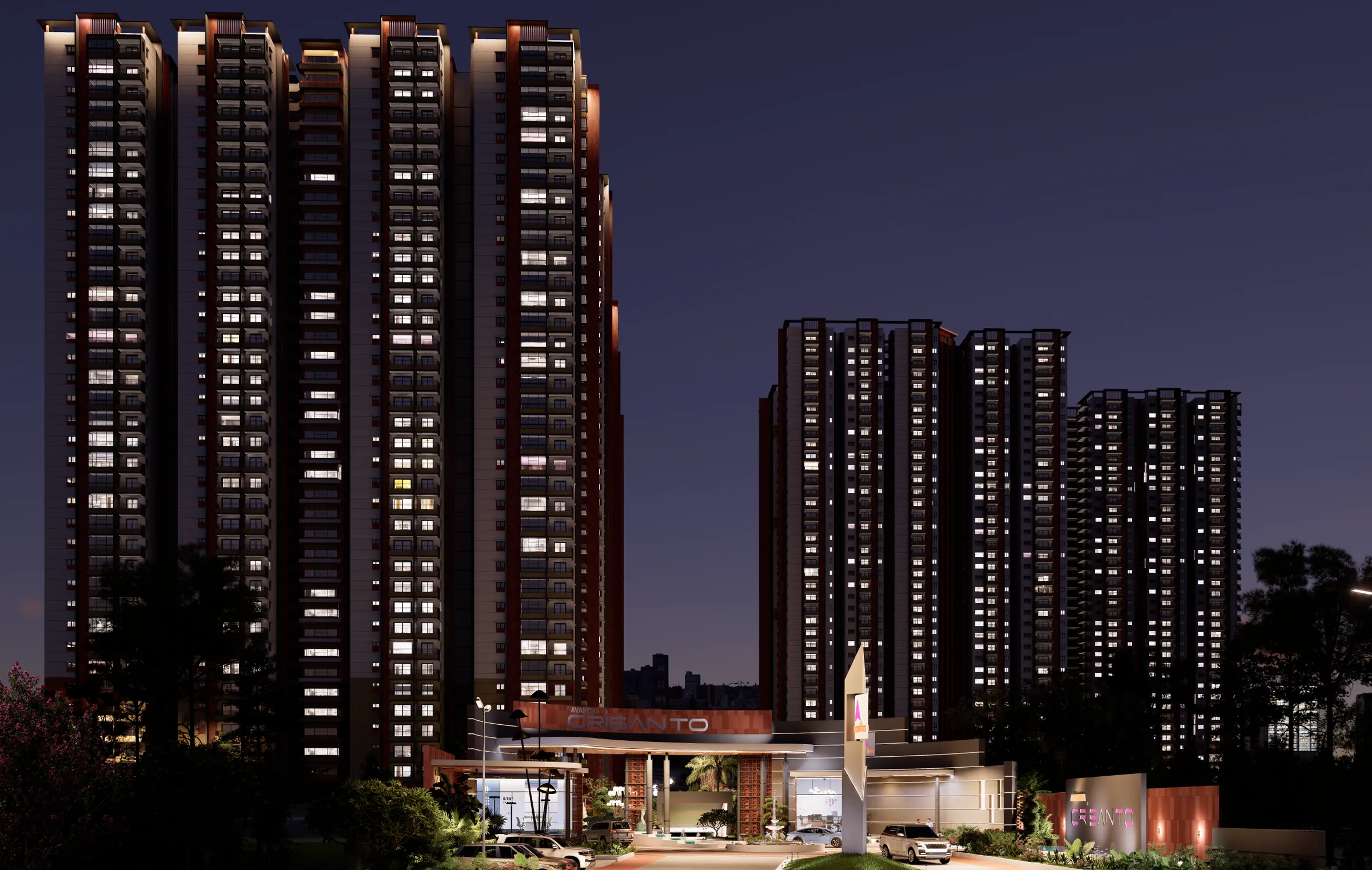 Entrance and towers lit at night