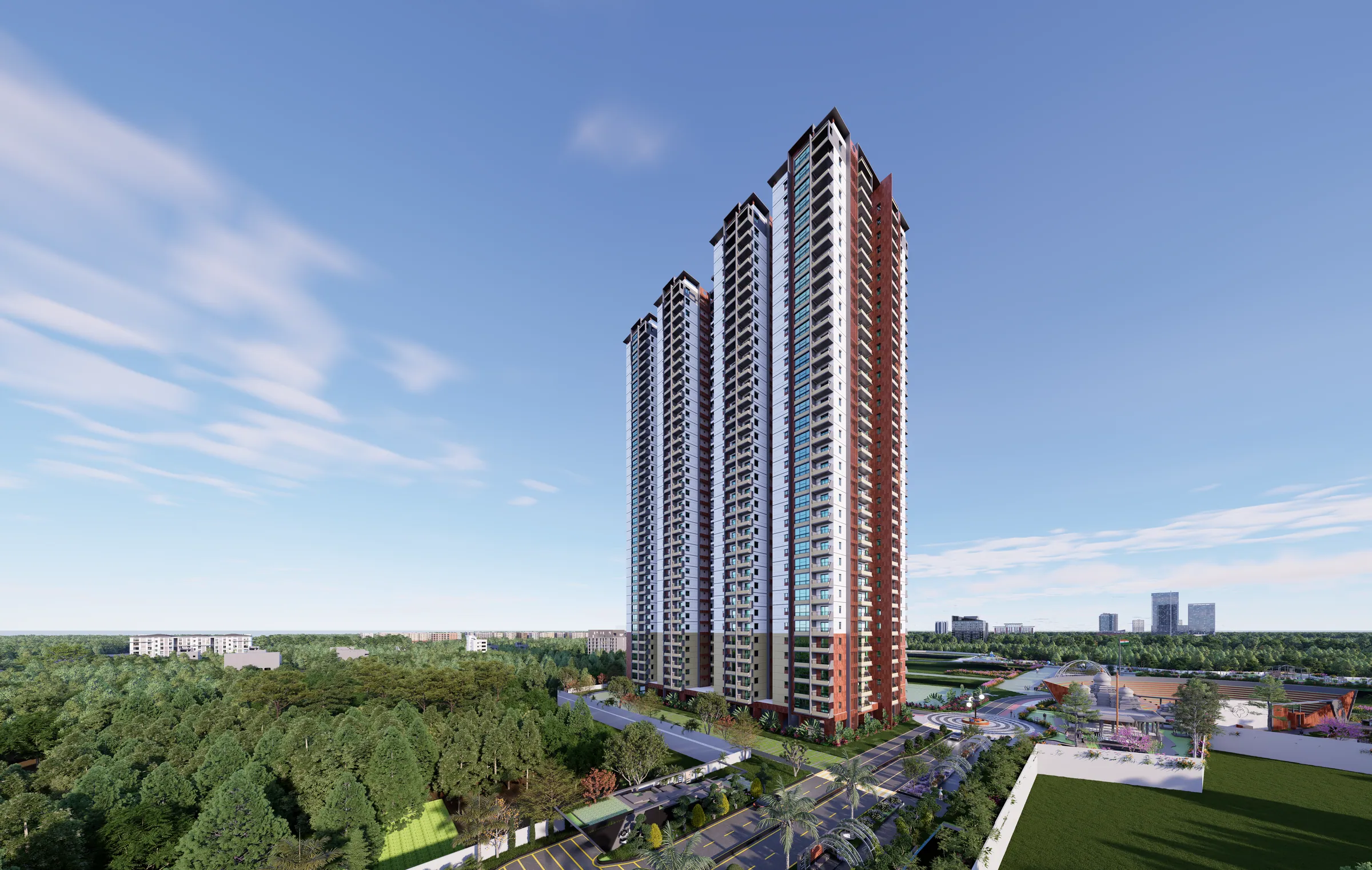 Tower amid landscaped greens