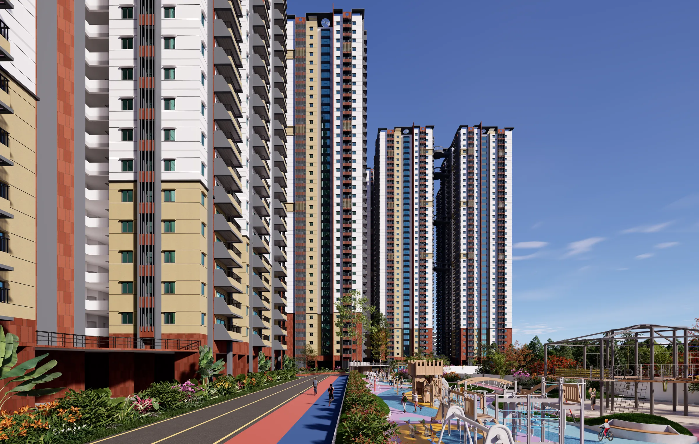 Towers above the play area and cycle track
