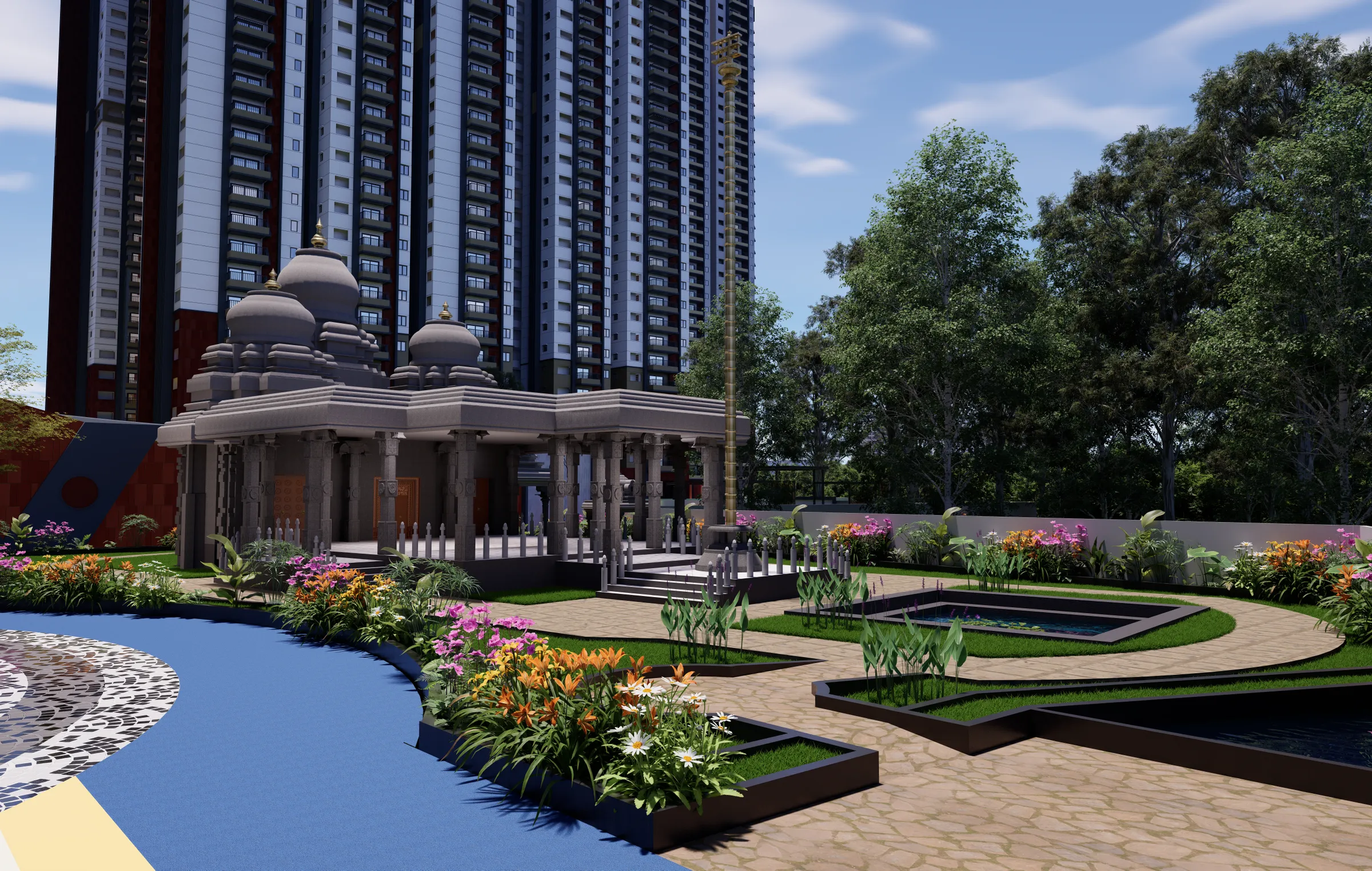 Temple amenity with landscaped water court