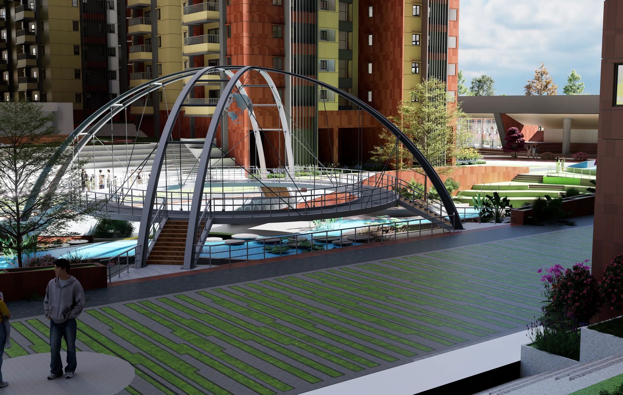 Aerial walk and landscaped courtyard